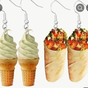NWT Set of 2 - Food Novelty Earrings Snack Ice Cream Cone & Chicken Wrap Acrylic